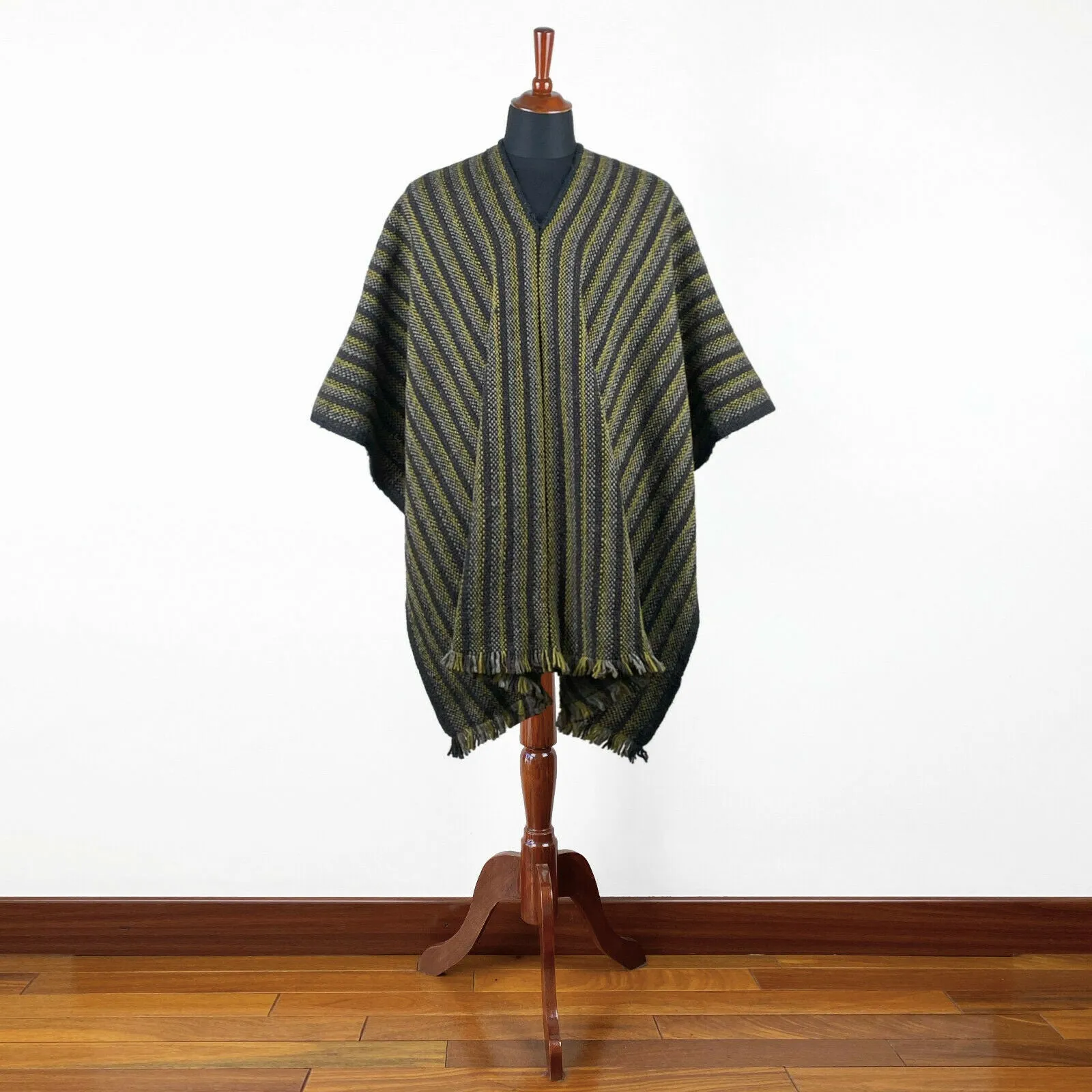 Llama Wool Unisex South American Handwoven Serape Poncho - thin stripes - black-pistachio