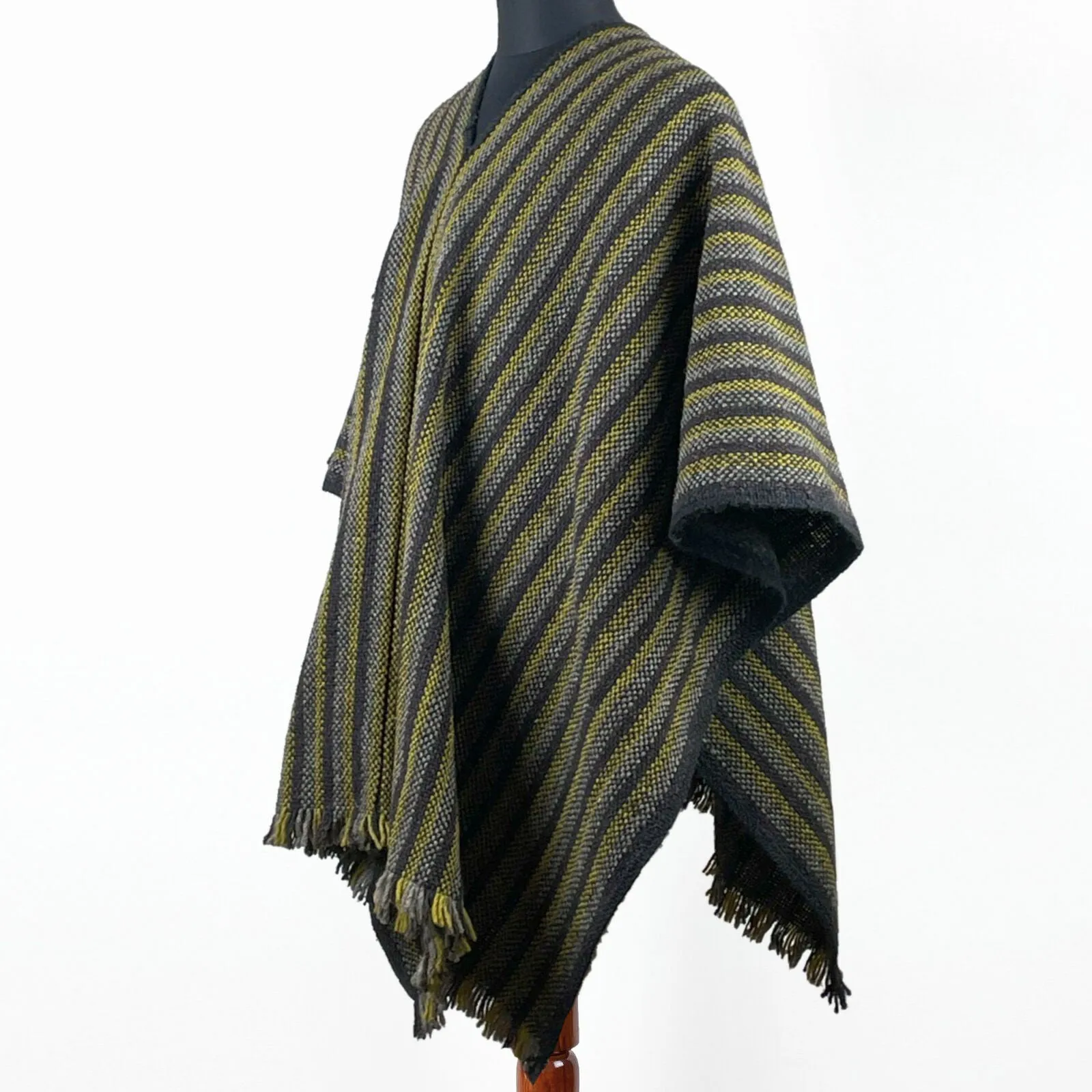 Llama Wool Unisex South American Handwoven Serape Poncho - thin stripes - black-pistachio