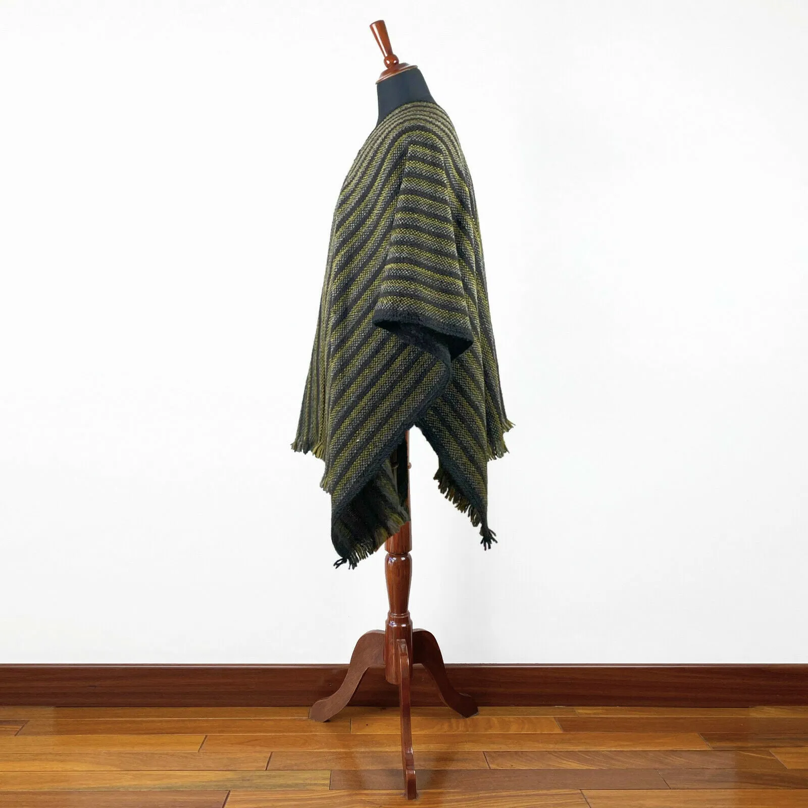 Llama Wool Unisex South American Handwoven Serape Poncho - thin stripes - black-pistachio