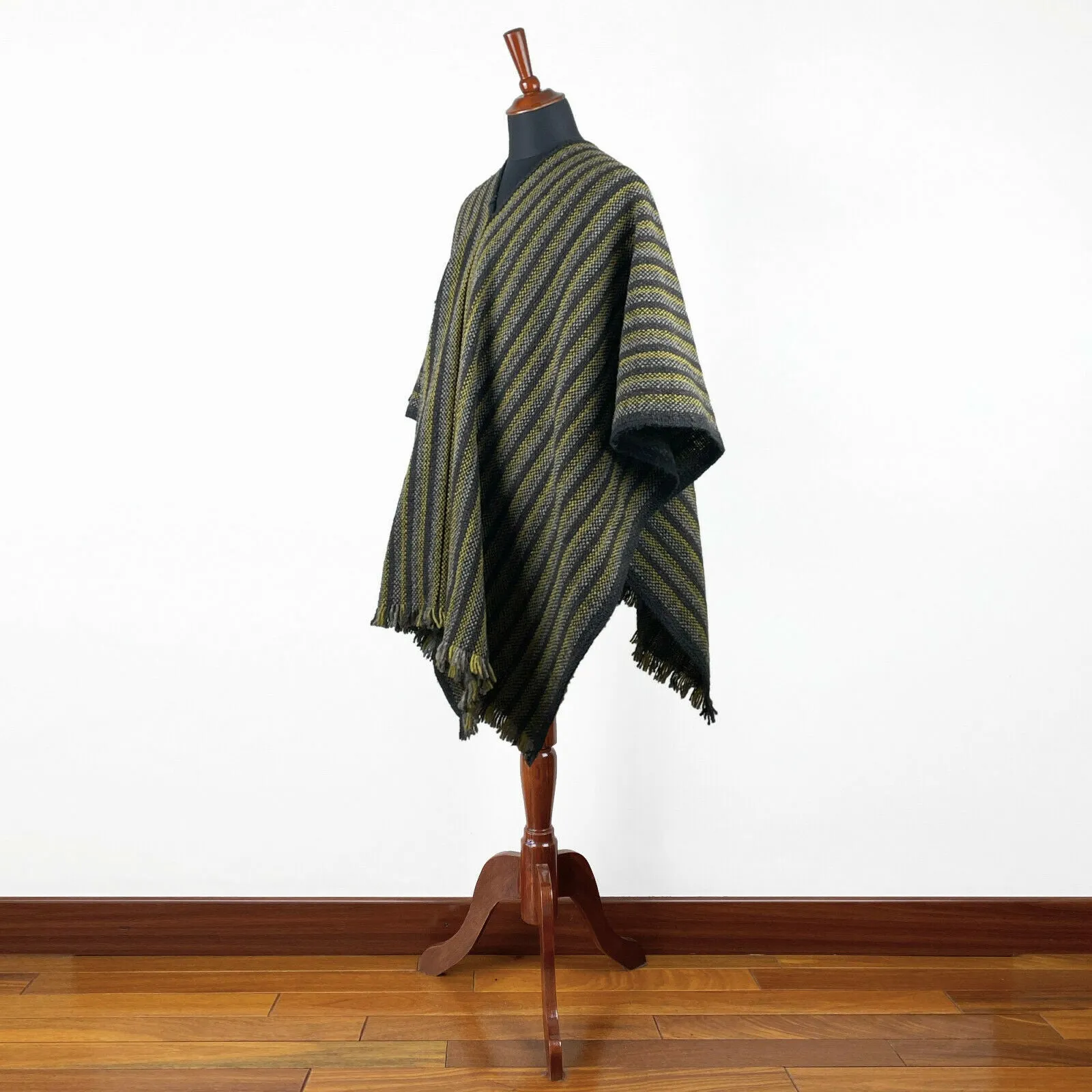 Llama Wool Unisex South American Handwoven Serape Poncho - thin stripes - black-pistachio