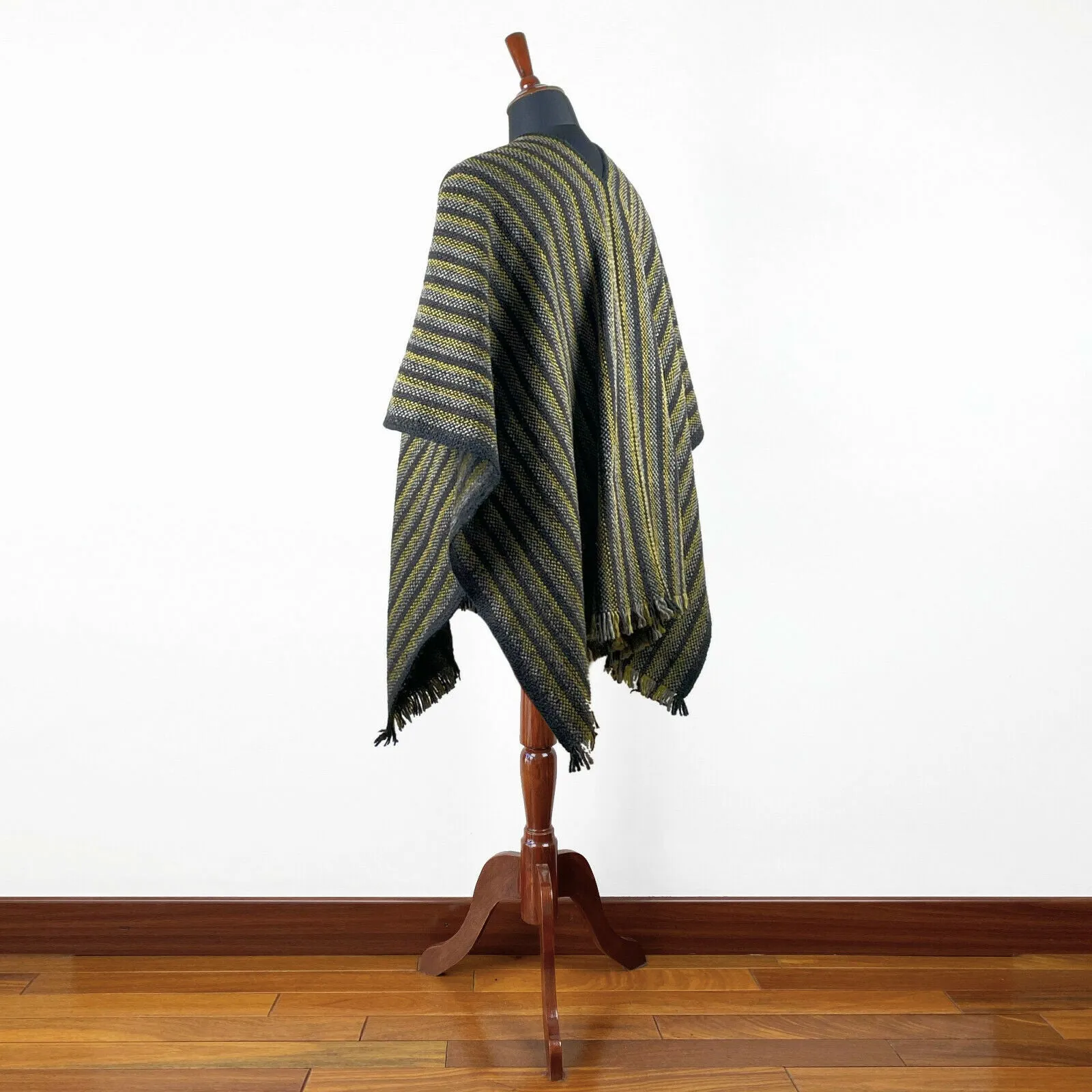 Llama Wool Unisex South American Handwoven Serape Poncho - thin stripes - black-pistachio