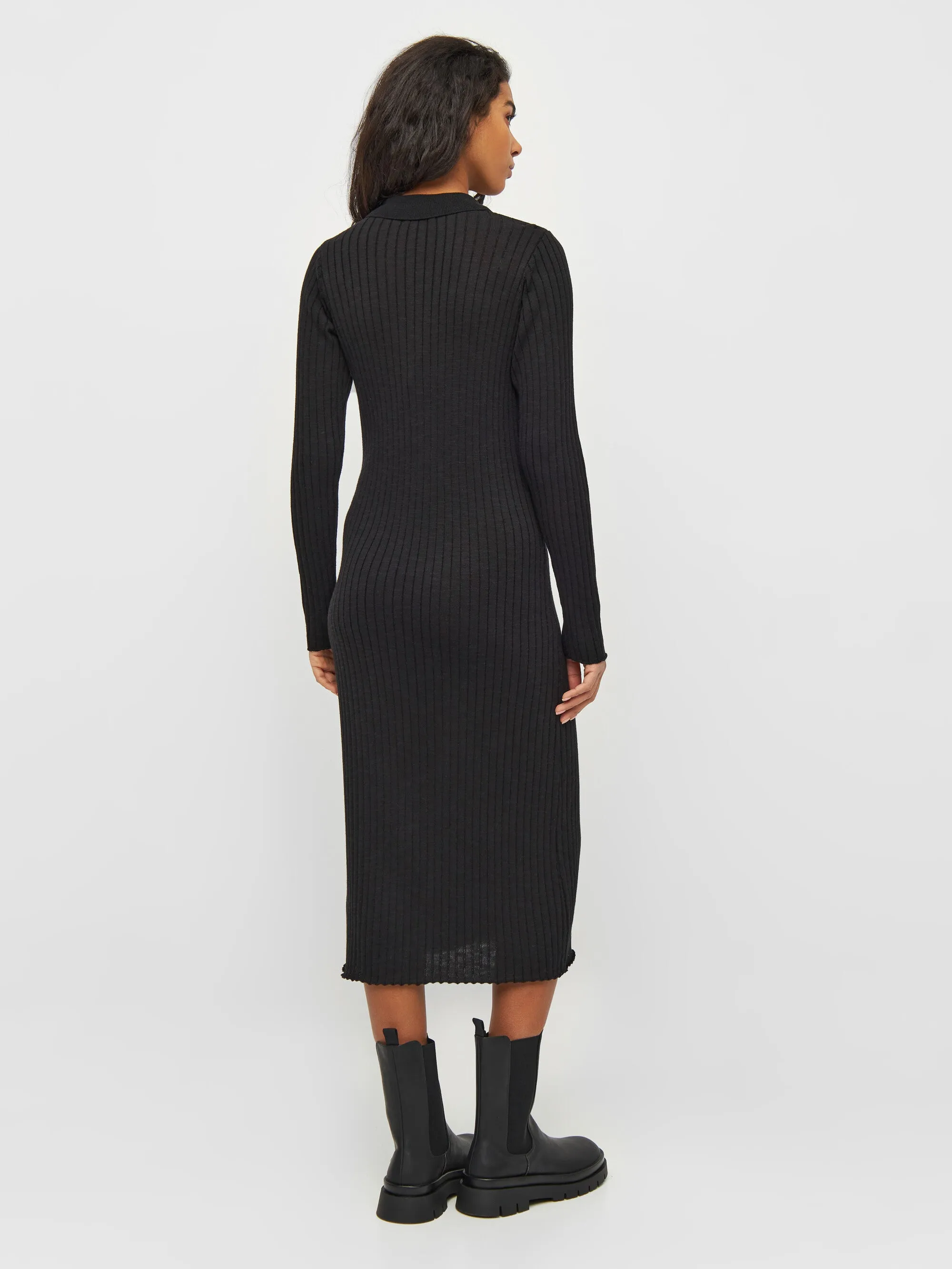 Long sleeved polo rib dress - Tencel™ - Black Jet