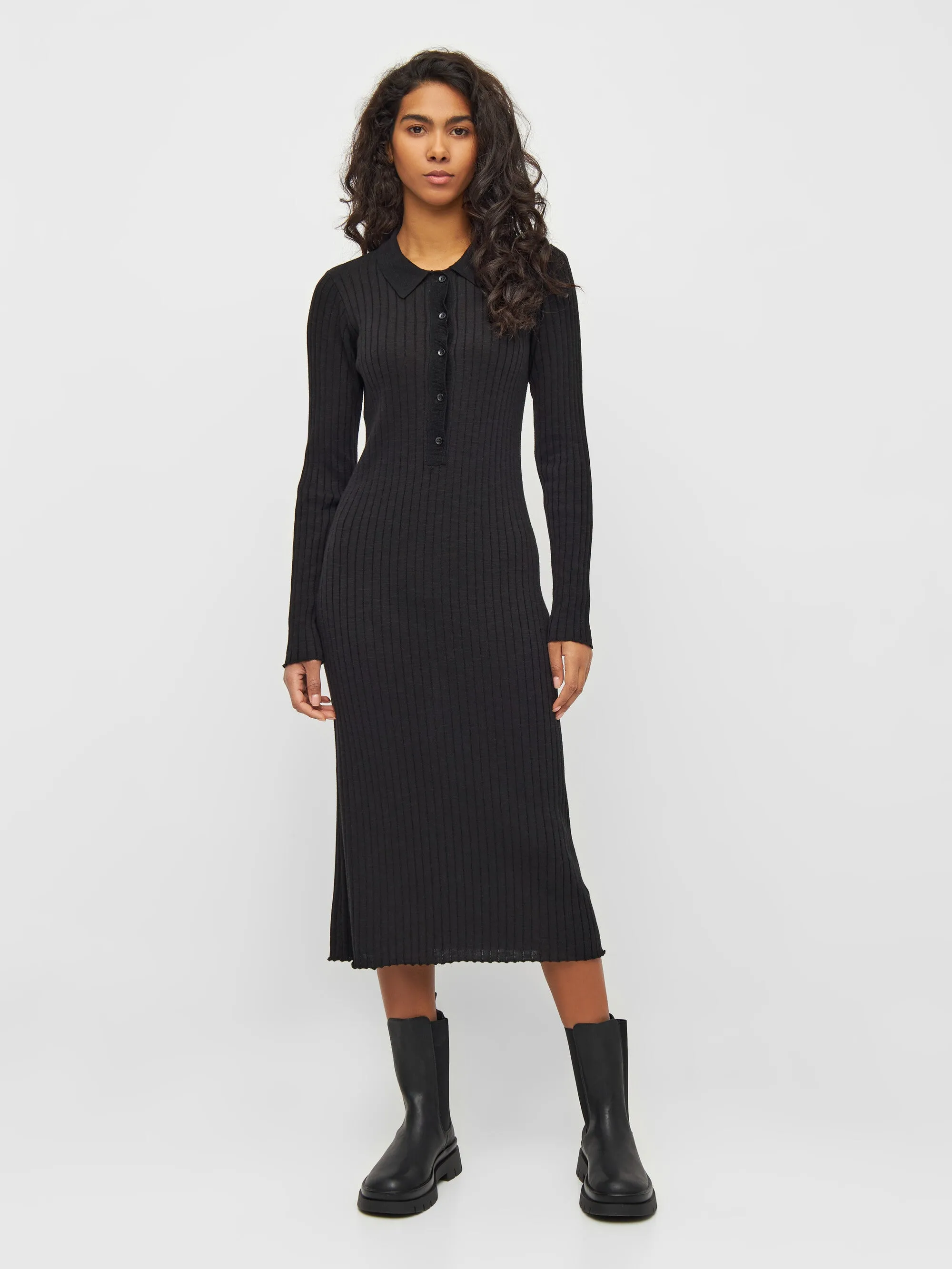 Long sleeved polo rib dress - Tencel™ - Black Jet