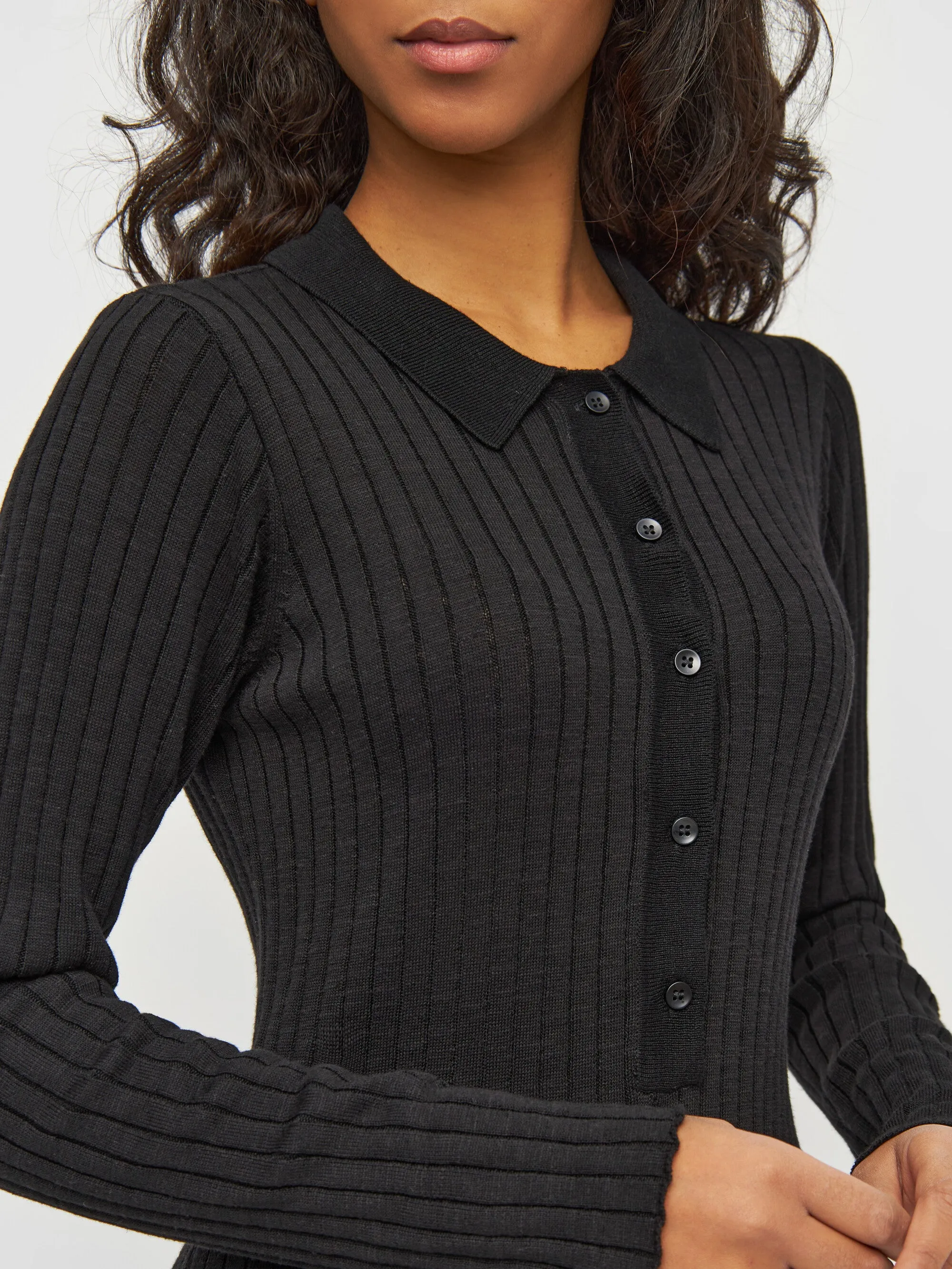 Long sleeved polo rib dress - Tencel™ - Black Jet