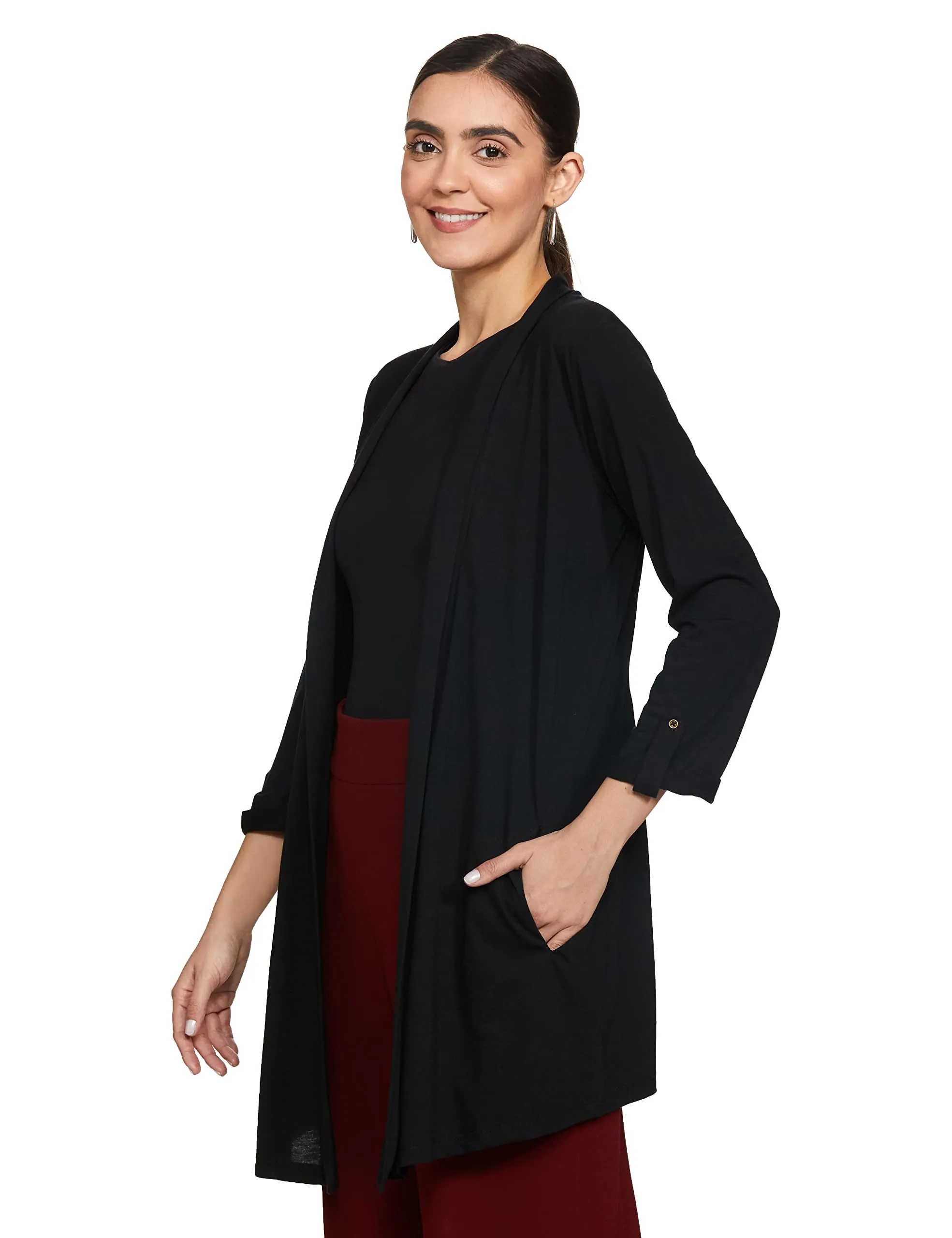 Max Women's Polyester Blend Round neck Shrug Sweater (SHRUG2501_Black_XS)