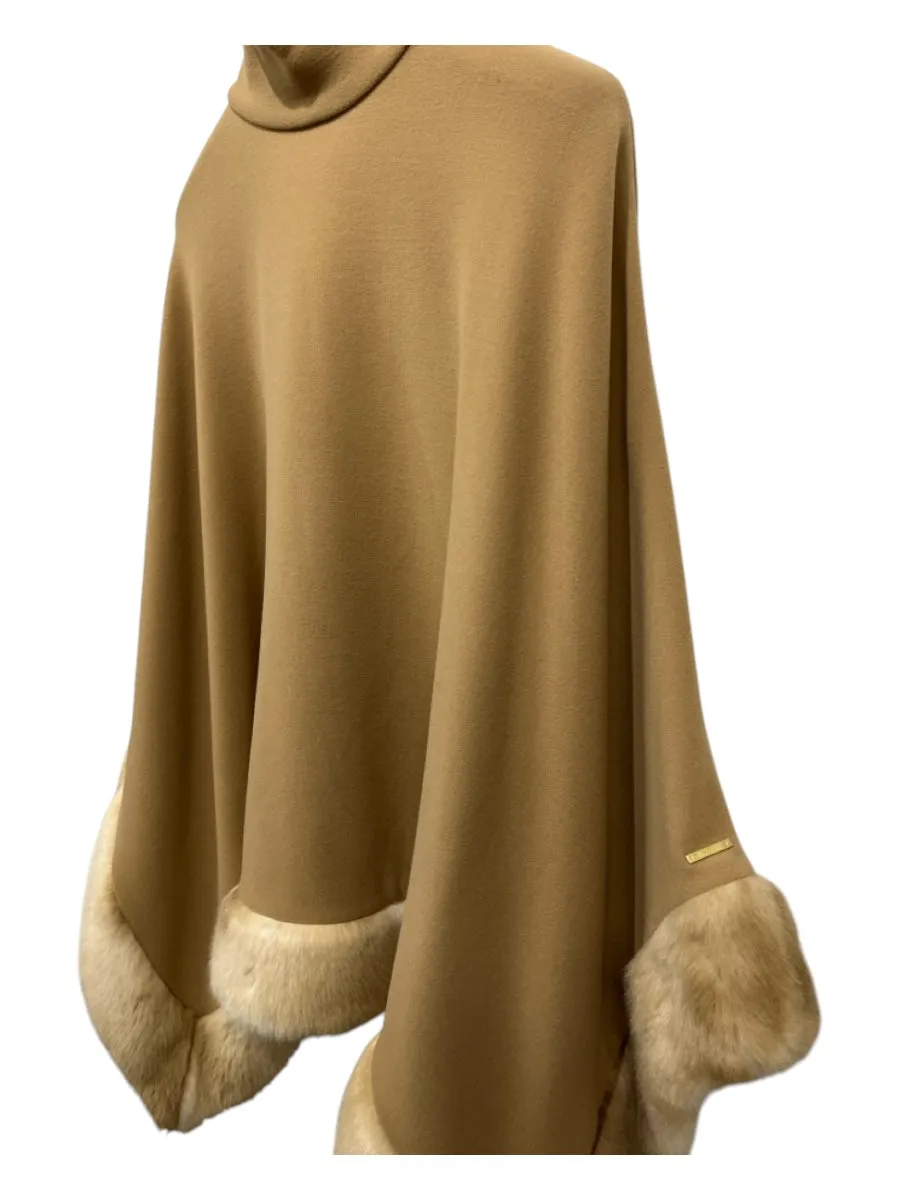 MCM Size M Tan Polyester & Viscose Fur Trim Poncho Sweater