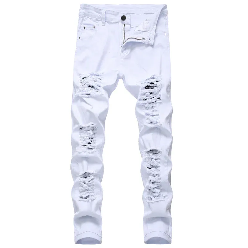 Men's Ripped Jeans Straight Pants Mid Waisted Urban Jeans Denim Trousers