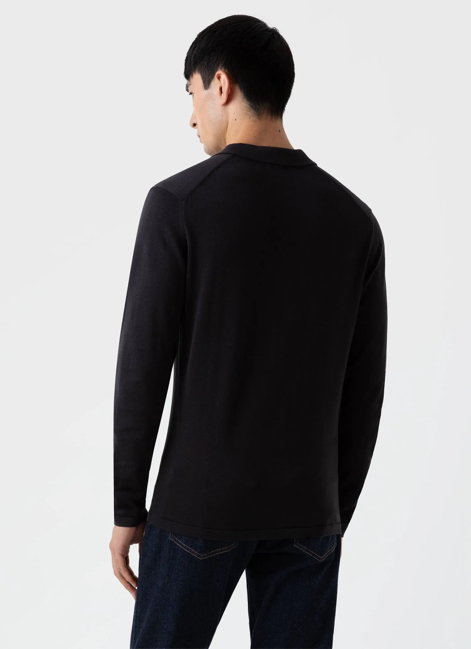 Men's Sea Island Cotton Long Sleeve Polo Shirt in Black