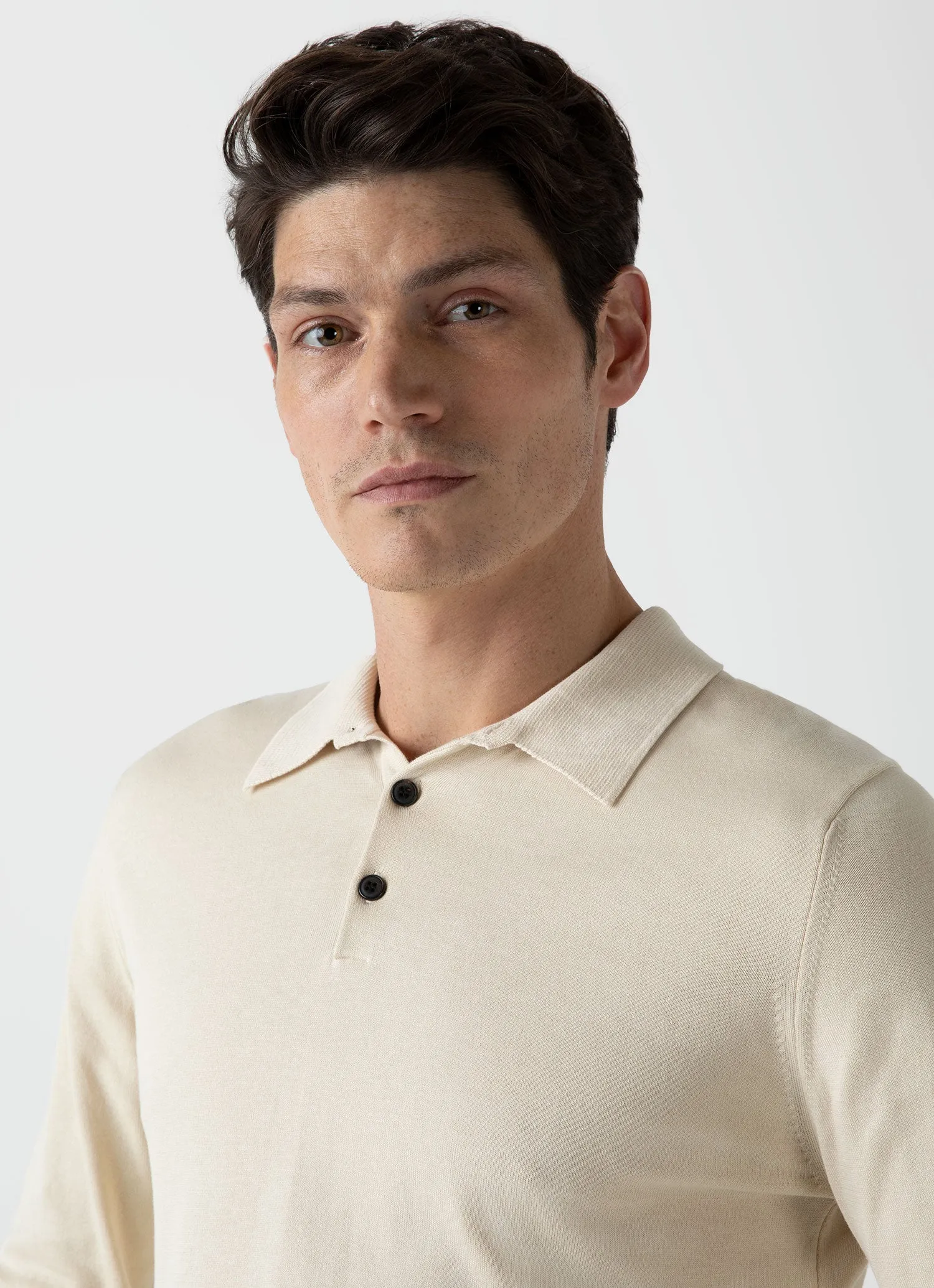 Men's Sea Island Cotton Long Sleeve Polo Shirt in Undyed