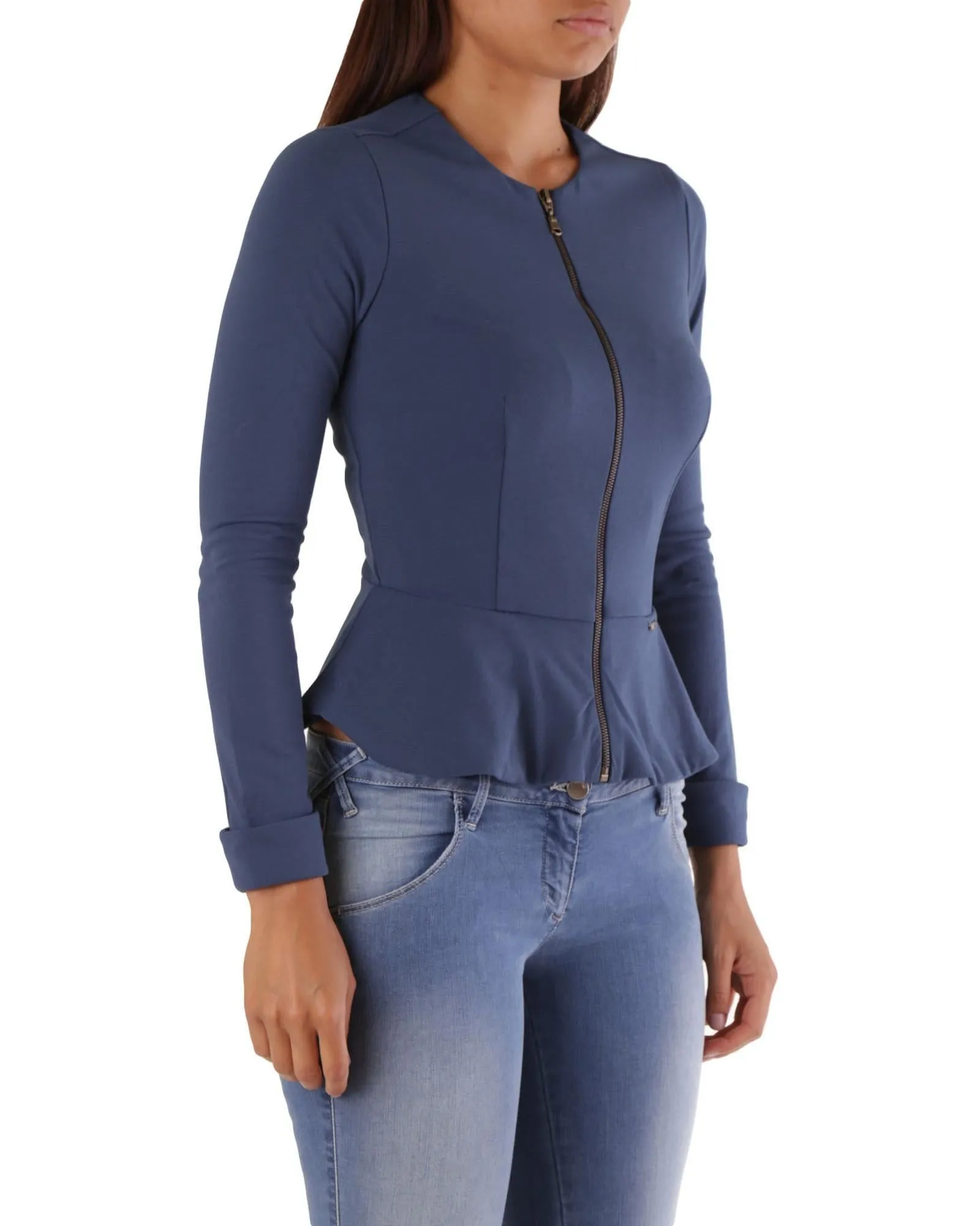 Met Peplum Zipper Jacket for Women - Casual Blue Long Sleeve Knitwear