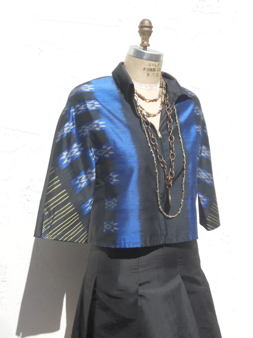 Modern Ikat Couture Cut Jacket Black And Cobalt