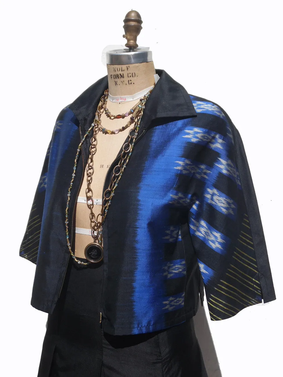 Modern Ikat Couture Cut Jacket Black And Cobalt