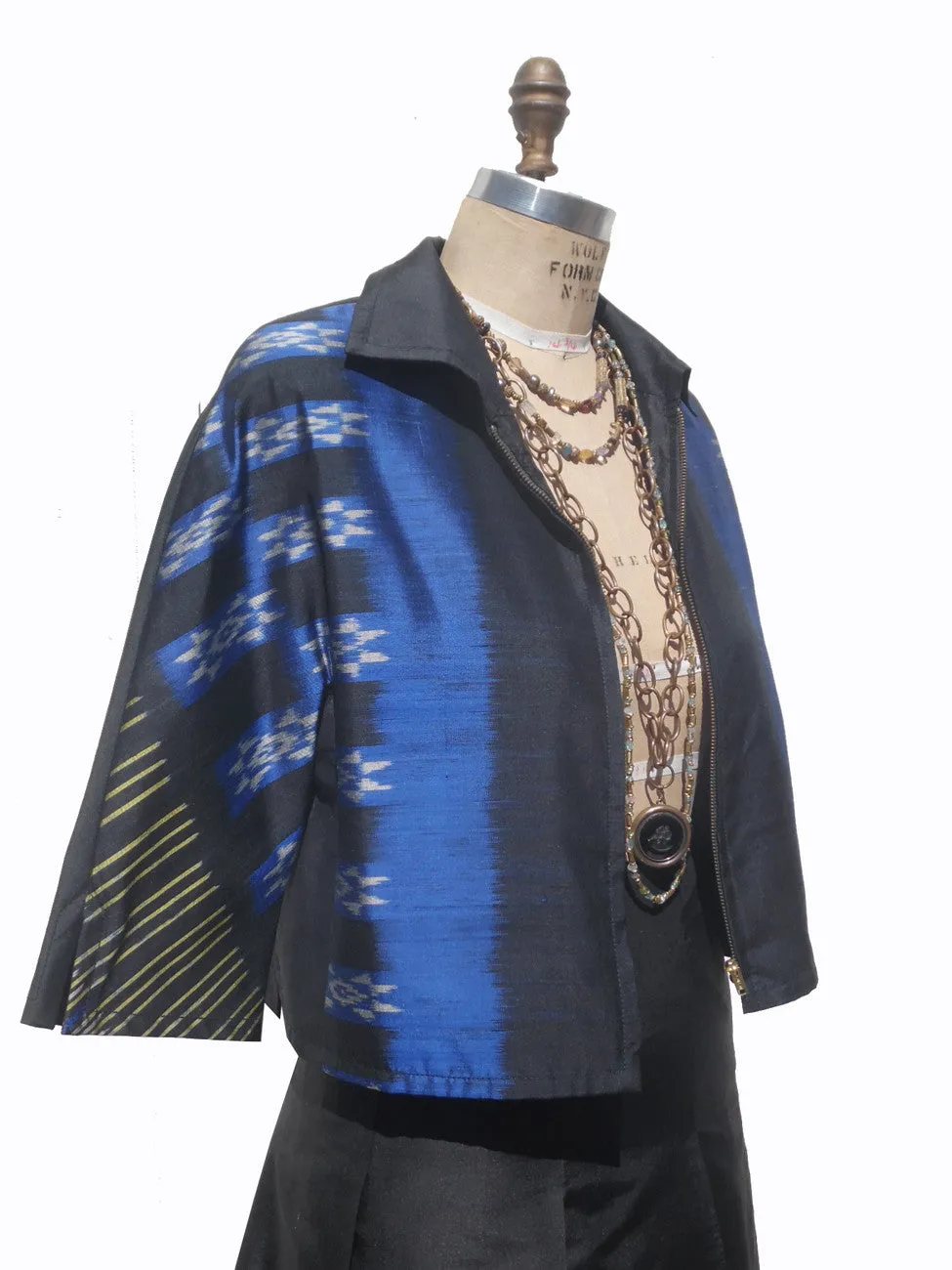 Modern Ikat Couture Cut Jacket Black And Cobalt