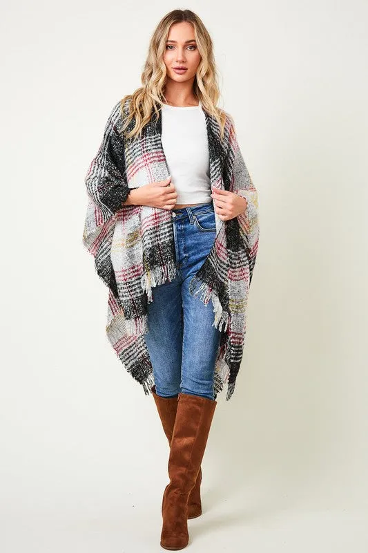 Multi Plaid Fringe Trim Poncho