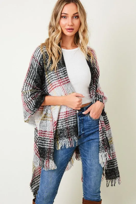 Multi Plaid Fringe Trim Poncho