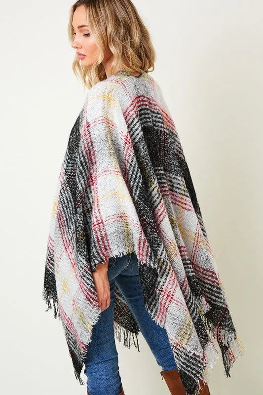 Multi Plaid Fringe Trim Poncho