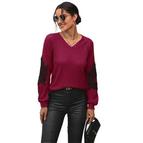 New European and American autumn women's lace patchwork solid color knitted sweater for women