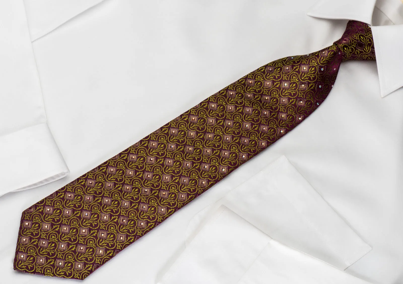 Nina Ricci Rhinestone Tie Green Cartouche On Burgundy With Gold Sparkles