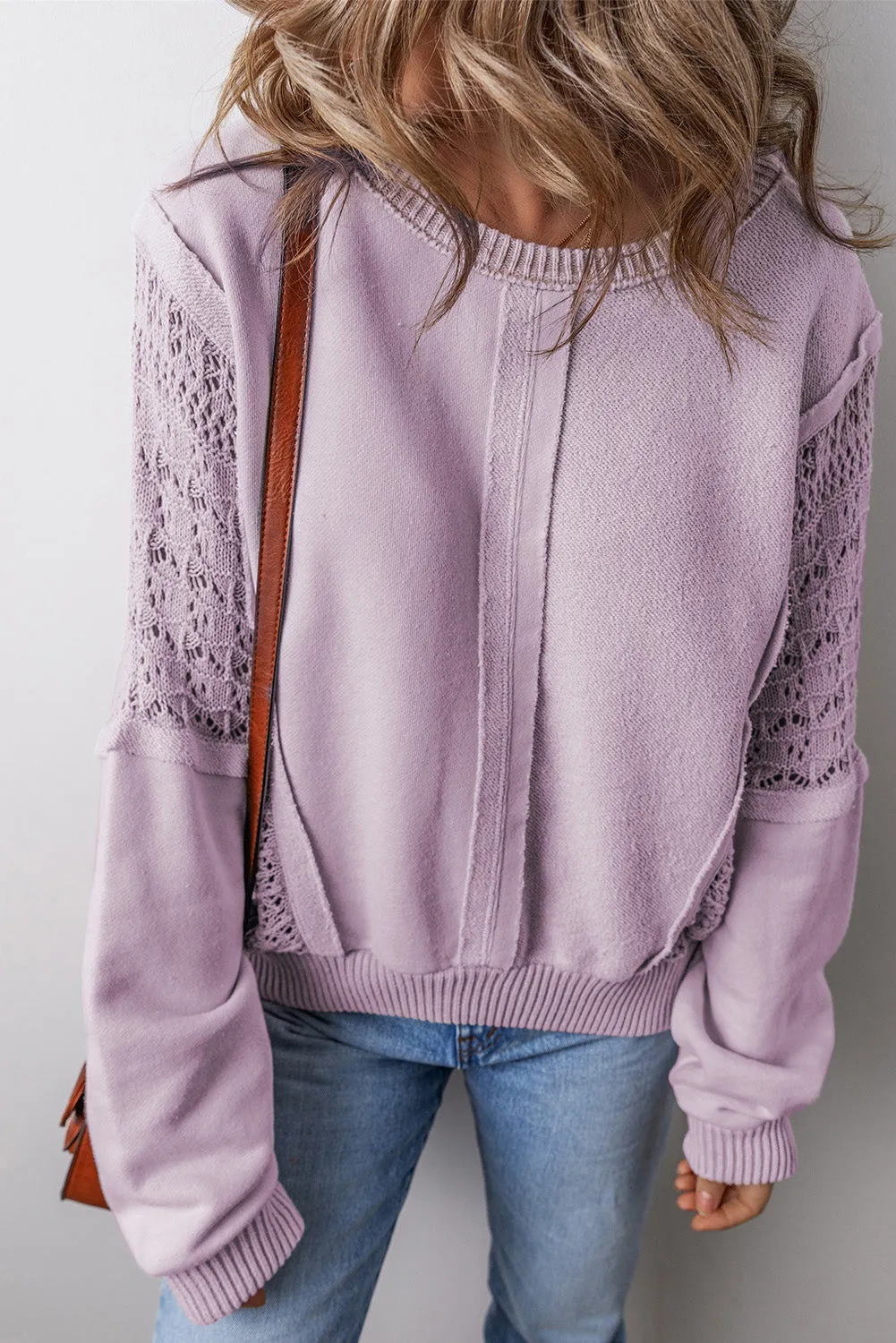 Orchid Petal Crochet Patchwork Exposed Seam Ribbed Trim Sweatshirt