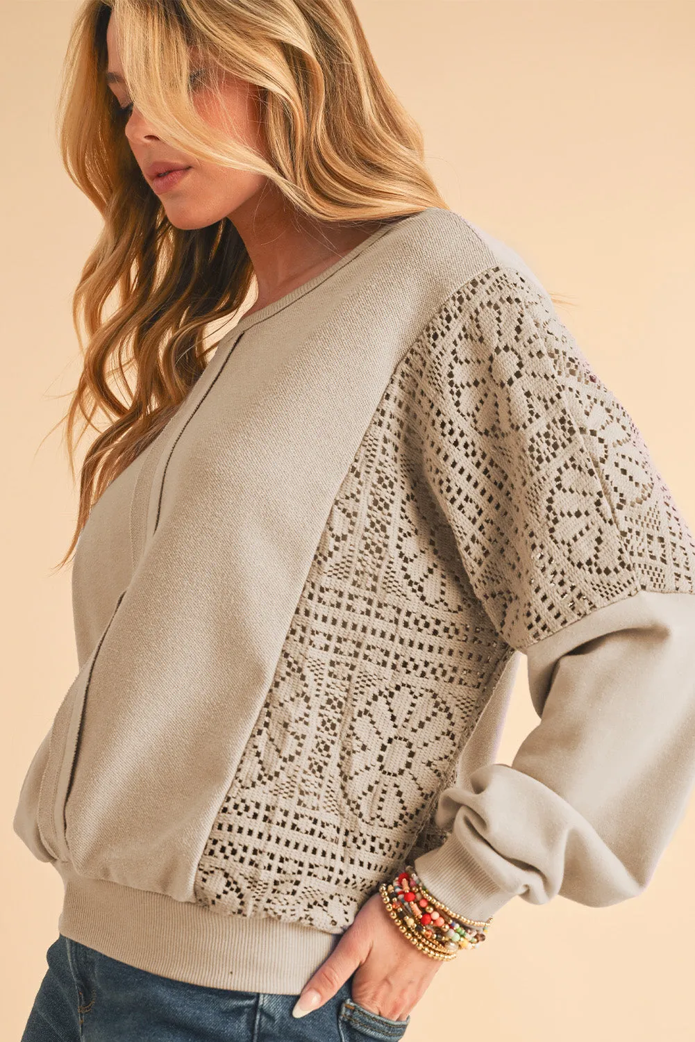 Parchment Crochet Patchwork Exposed Seam Ribbed Trim Sweatshirt