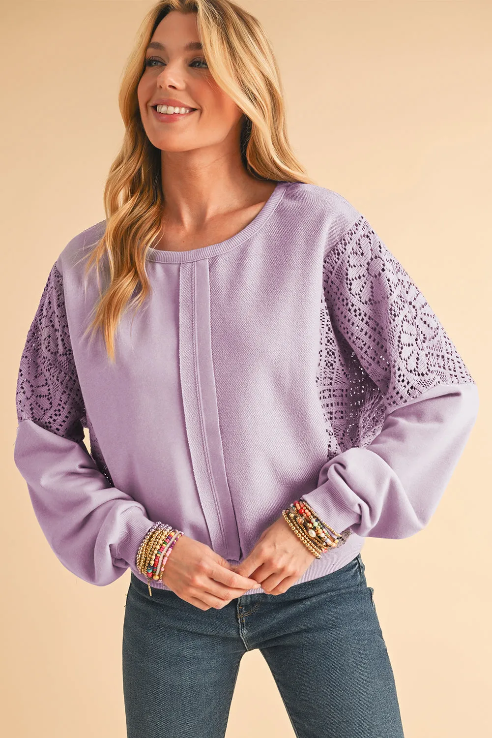 Parchment Crochet Patchwork Exposed Seam Ribbed Trim Sweatshirt