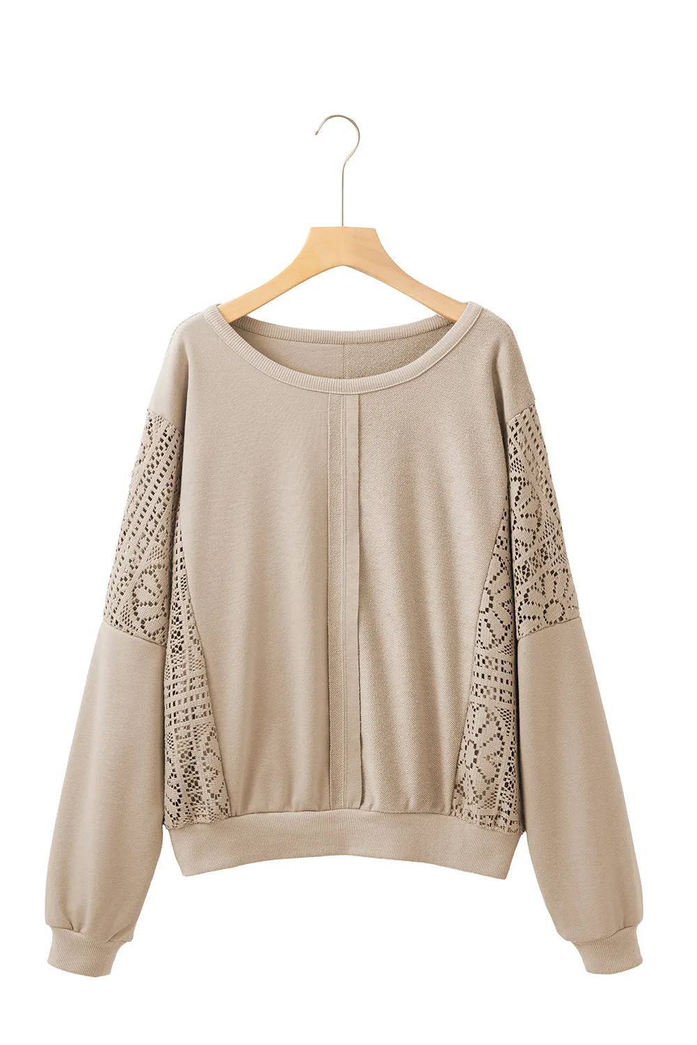 Parchment Crochet Patchwork Exposed Seam Ribbed Trim Sweatshirt