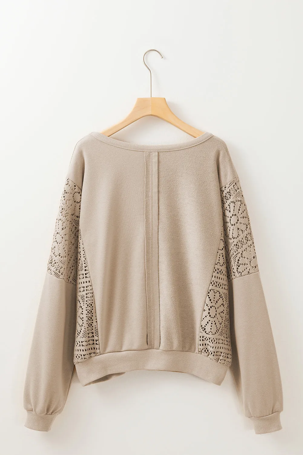 Parchment Crochet Patchwork Exposed Seam Ribbed Trim Sweatshirt