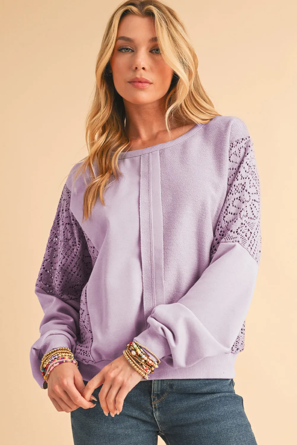 Parchment Crochet Patchwork Exposed Seam Ribbed Trim Sweatshirt