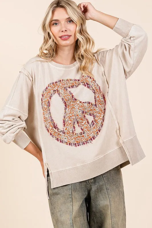 PEACE SIGN PATCH MINERAL WASH SWEATSHIRT - RAIN BLUE,LATTE, PERSIMMON