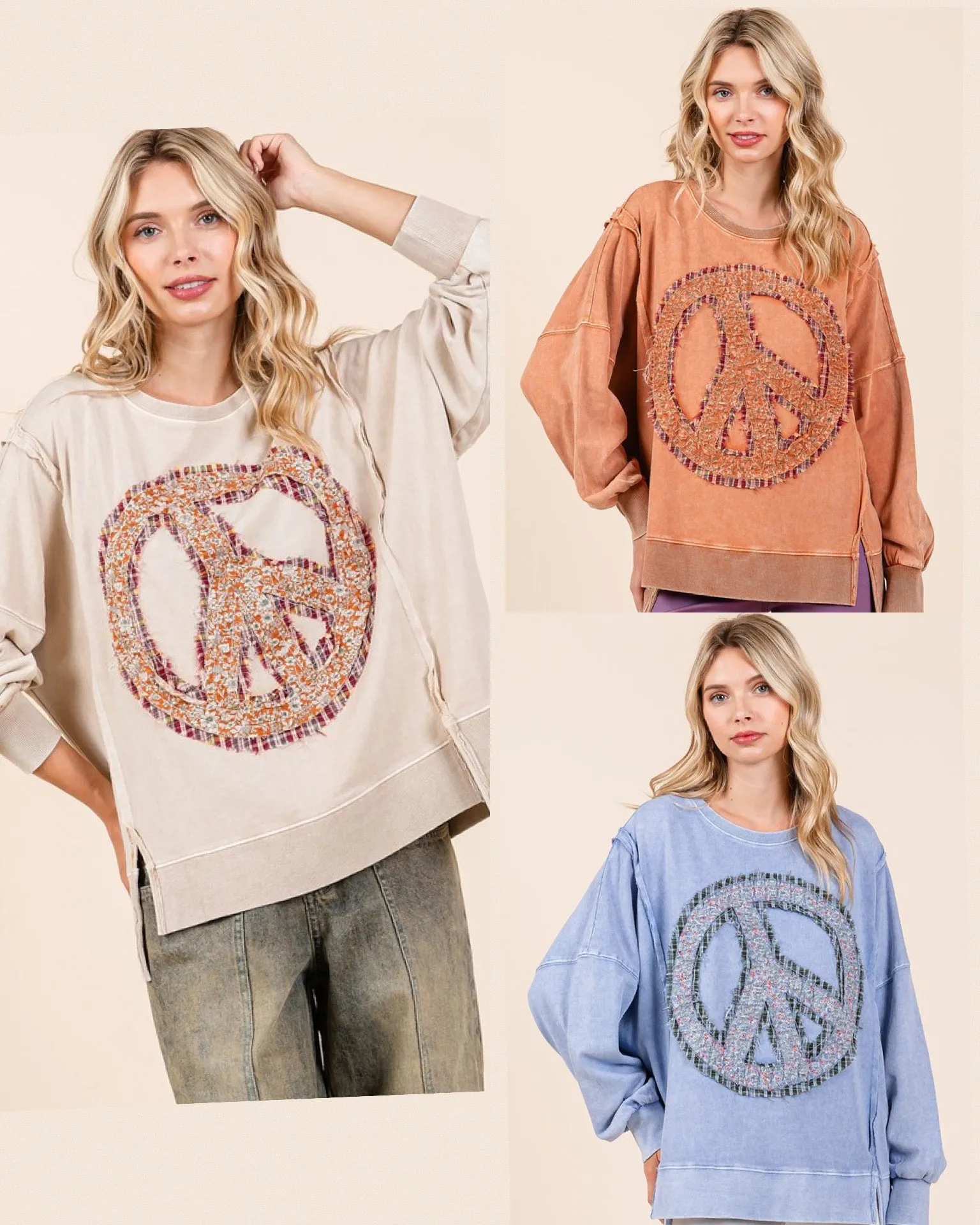 PEACE SIGN PATCH MINERAL WASH SWEATSHIRT - RAIN BLUE,LATTE, PERSIMMON