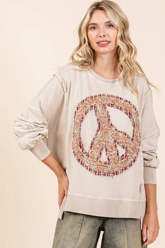 PEACE SIGN PATCH MINERAL WASH SWEATSHIRT - RAIN BLUE,LATTE, PERSIMMON