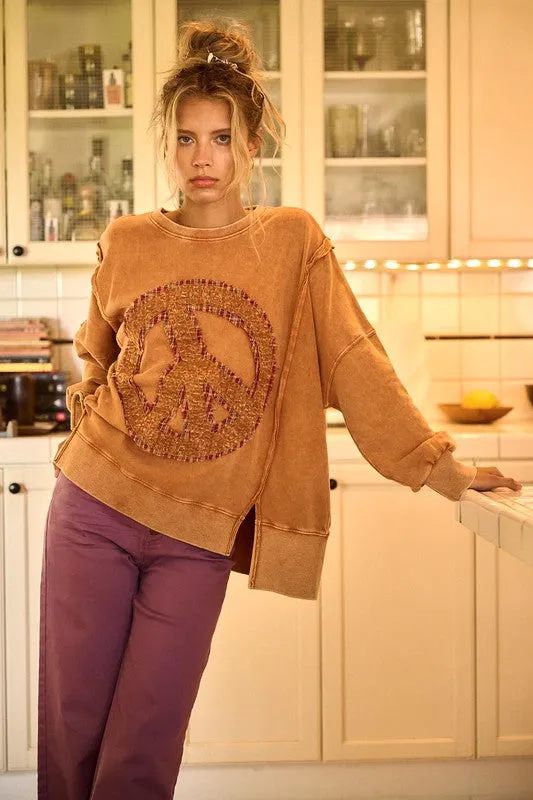 PEACE SIGN PATCH MINERAL WASH SWEATSHIRT - RAIN BLUE,LATTE, PERSIMMON