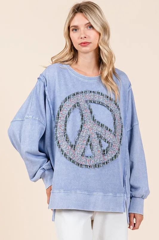 PEACE SIGN PATCH MINERAL WASH SWEATSHIRT - RAIN BLUE,LATTE, PERSIMMON