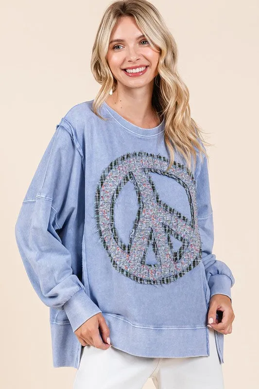 PEACE SIGN PATCH MINERAL WASH SWEATSHIRT - RAIN BLUE,LATTE, PERSIMMON