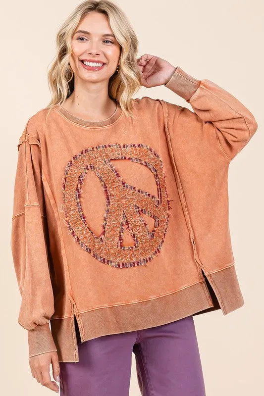 PEACE SIGN PATCH MINERAL WASH SWEATSHIRT - RAIN BLUE,LATTE, PERSIMMON