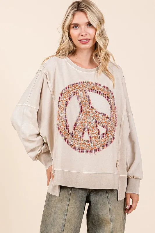 PEACE SIGN PATCH MINERAL WASH SWEATSHIRT - RAIN BLUE,LATTE, PERSIMMON