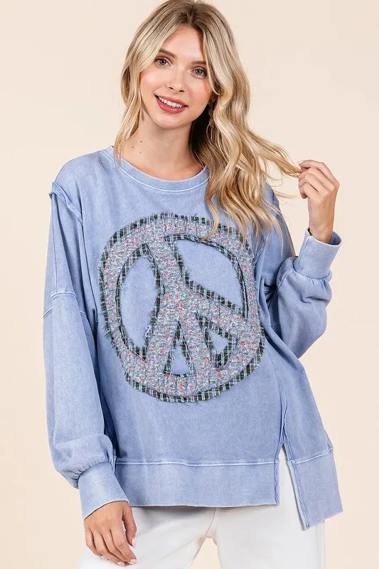 PEACE SIGN PATCH MINERAL WASH SWEATSHIRT - RAIN BLUE,LATTE, PERSIMMON