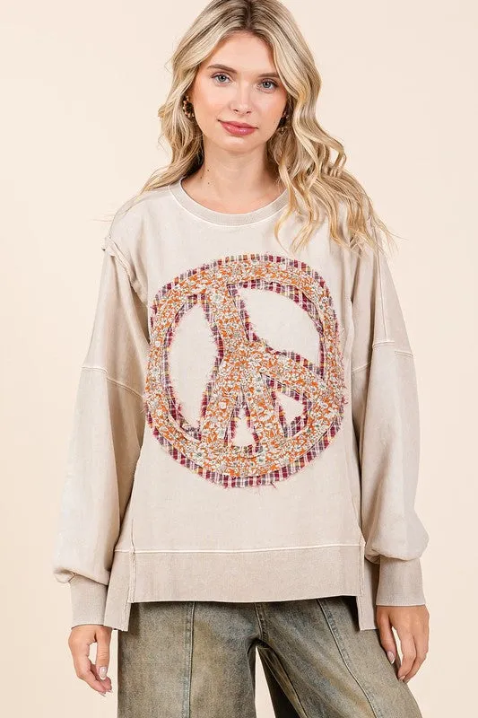 PEACE SIGN PATCH MINERAL WASH SWEATSHIRT - RAIN BLUE,LATTE, PERSIMMON