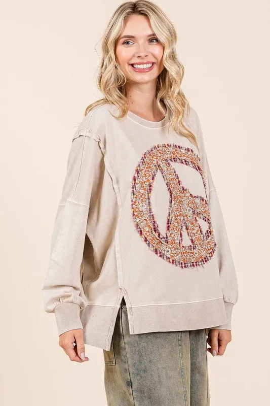 PEACE SIGN PATCH MINERAL WASH SWEATSHIRT - RAIN BLUE,LATTE, PERSIMMON