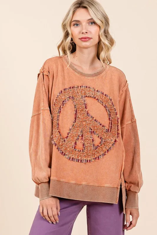 PEACE SIGN PATCH MINERAL WASH SWEATSHIRT - RAIN BLUE,LATTE, PERSIMMON