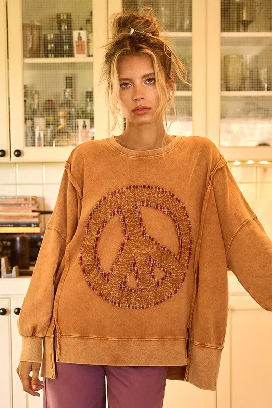 PEACE SIGN PATCH MINERAL WASH SWEATSHIRT - RAIN BLUE,LATTE, PERSIMMON