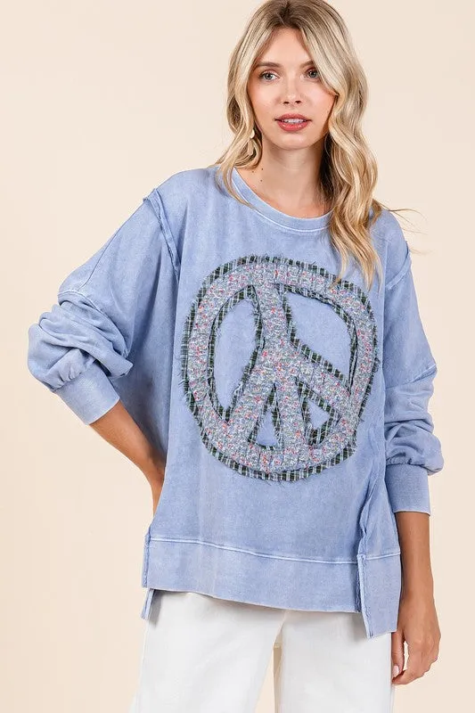 PEACE SIGN PATCH MINERAL WASH SWEATSHIRT - RAIN BLUE,LATTE, PERSIMMON