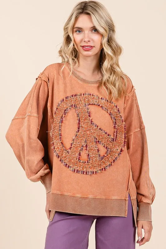 PEACE SIGN PATCH MINERAL WASH SWEATSHIRT - RAIN BLUE,LATTE, PERSIMMON