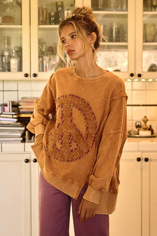 PEACE SIGN PATCH MINERAL WASH SWEATSHIRT - RAIN BLUE,LATTE, PERSIMMON