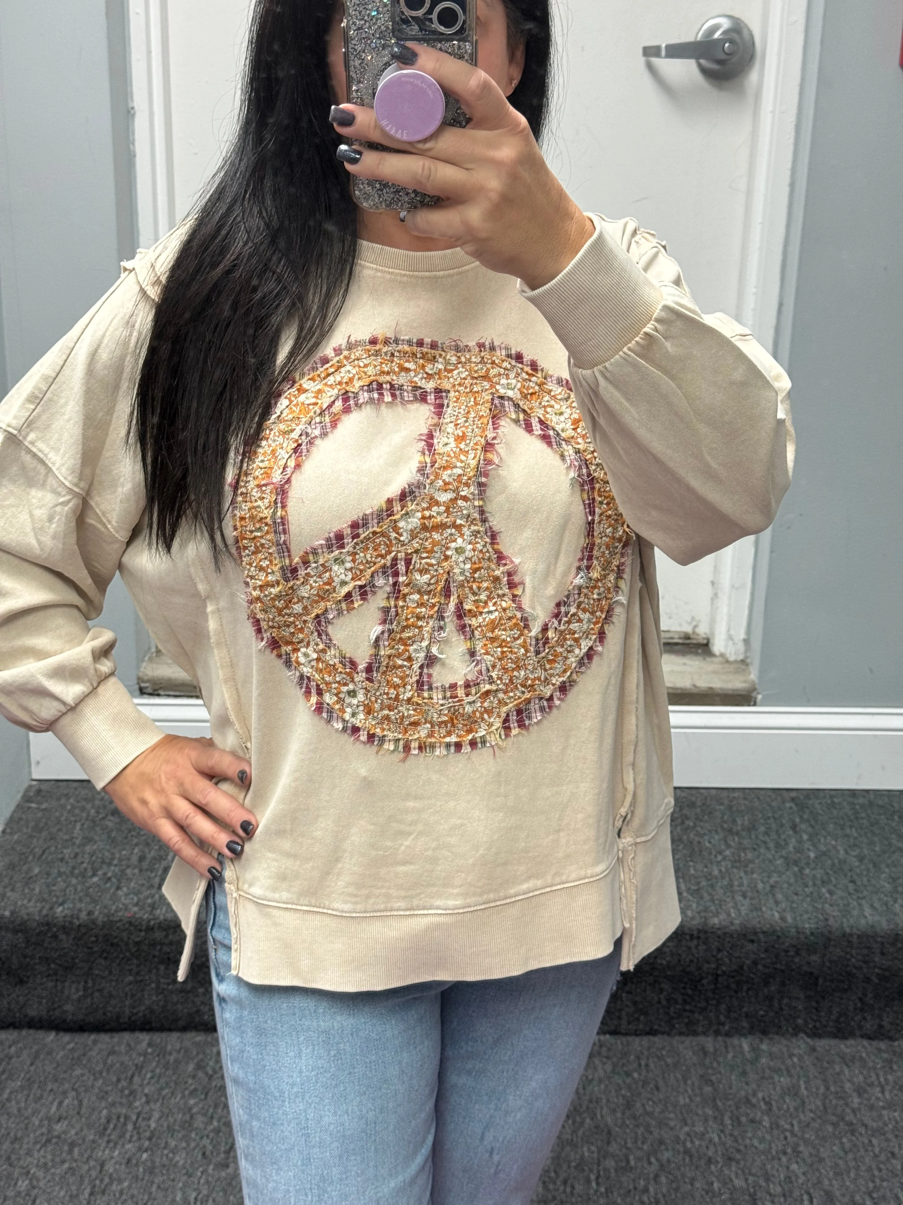 PEACE SIGN PATCH MINERAL WASH SWEATSHIRT - RAIN BLUE,LATTE, PERSIMMON