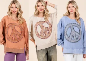 PEACE SIGN PATCH MINERAL WASH SWEATSHIRT - RAIN BLUE,LATTE, PERSIMMON