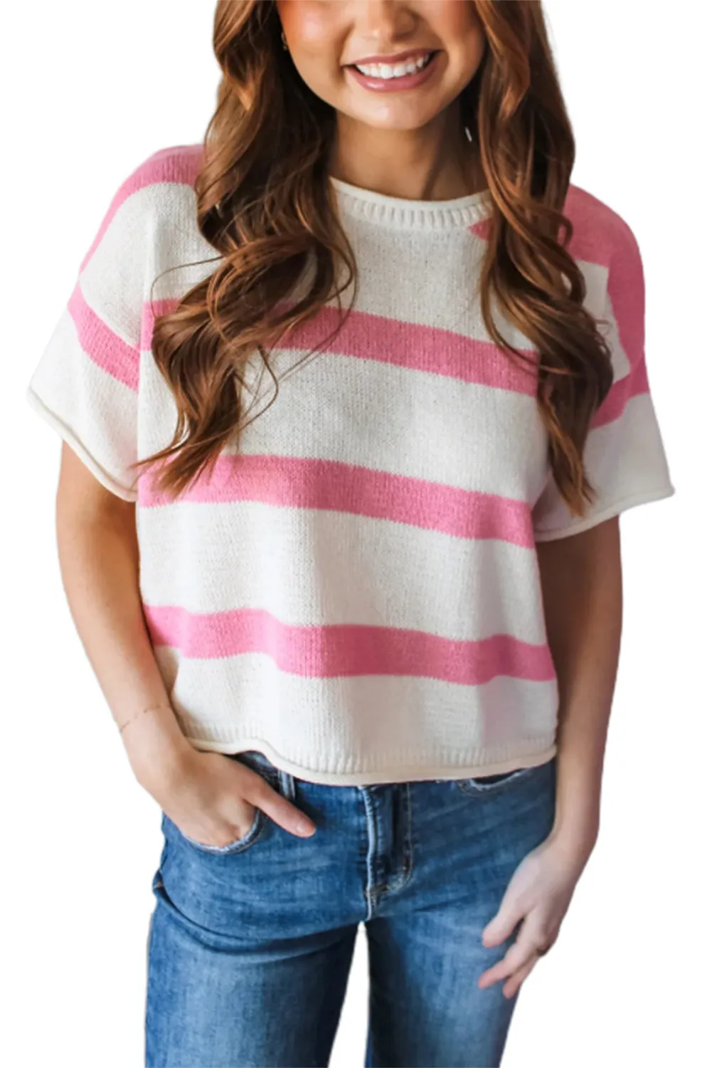 Pink Stripe Drop Sleeve Lightweight Knitted Top