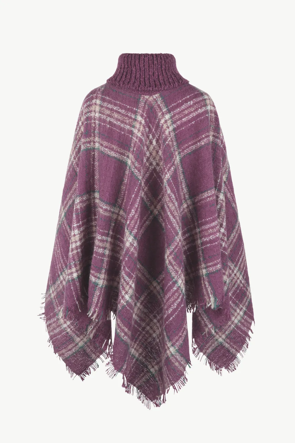 Plaid Turtleneck Fringe Hem Poncho