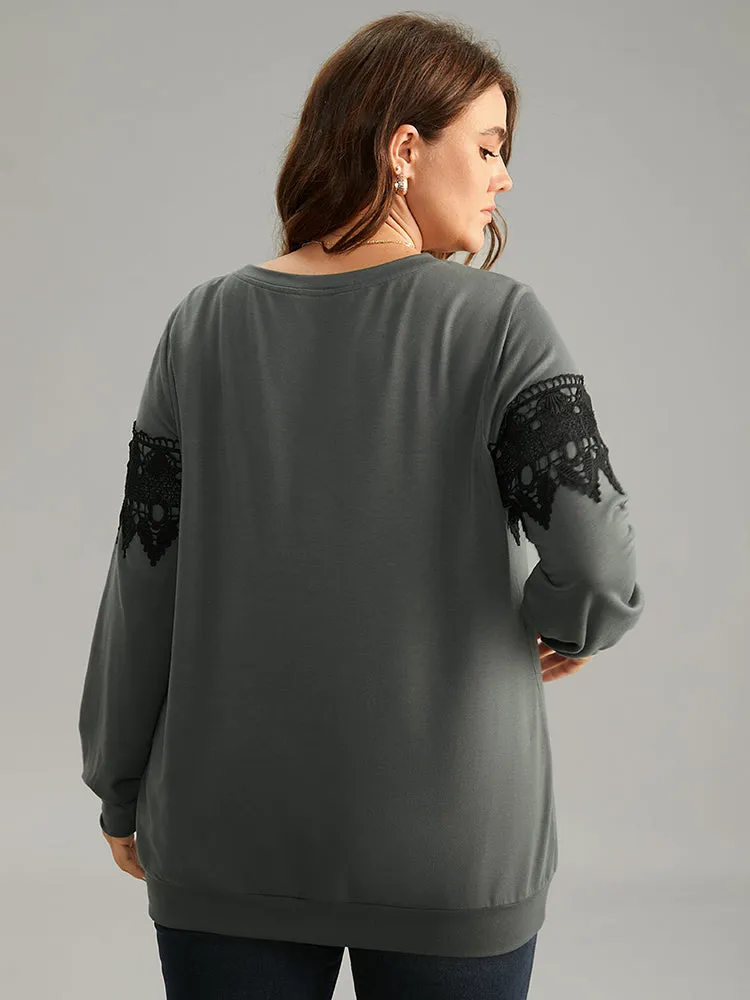 Plain Round Neck Patchwork Lace Panel Sweatshirt