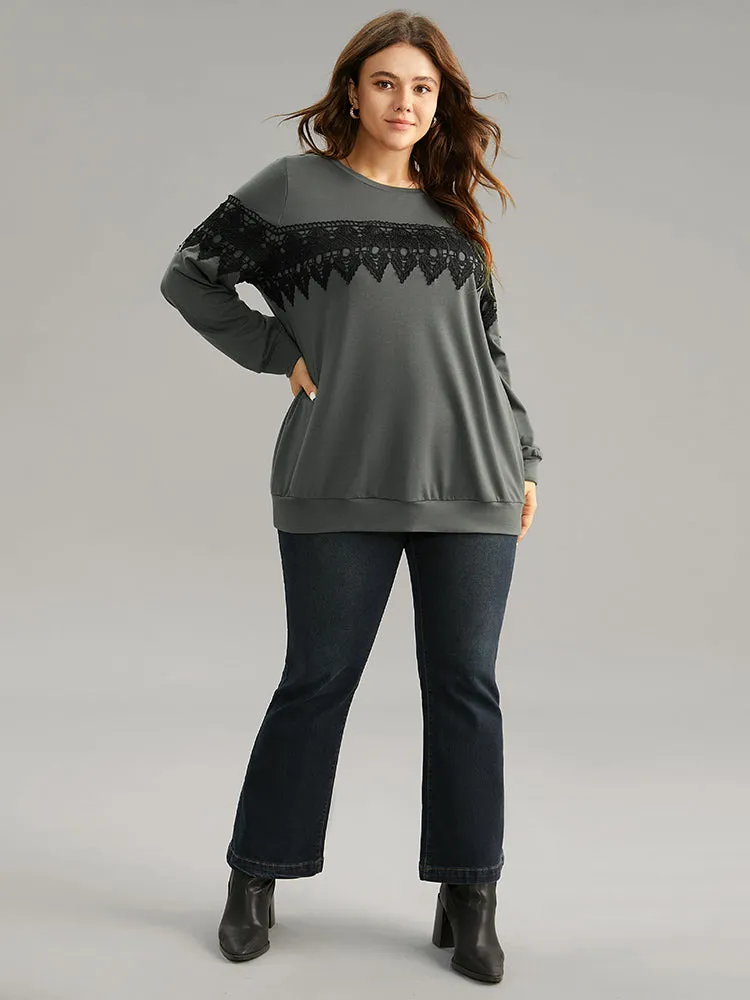 Plain Round Neck Patchwork Lace Panel Sweatshirt